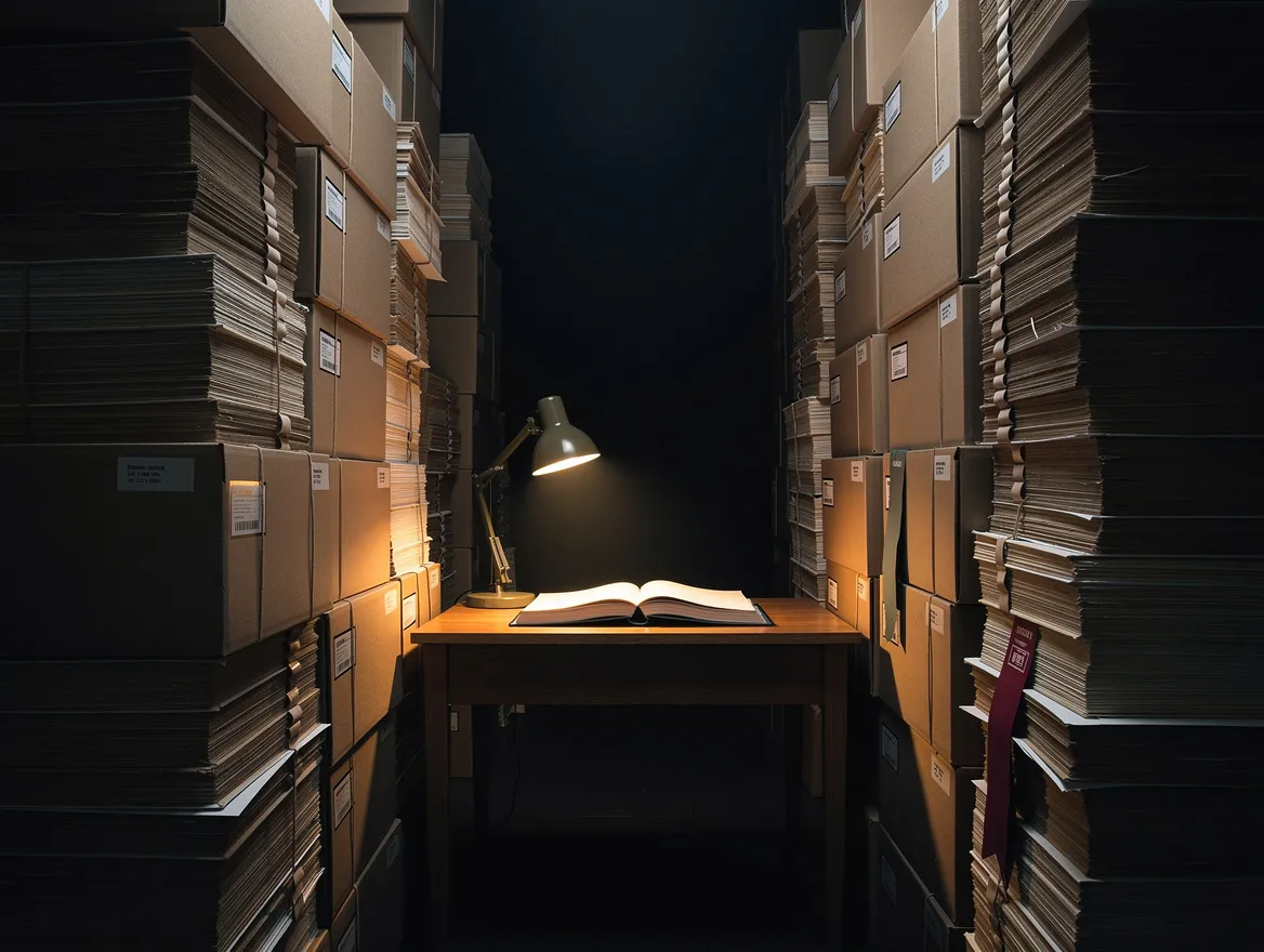 The flood: a lone desk against a canyon of record boxes