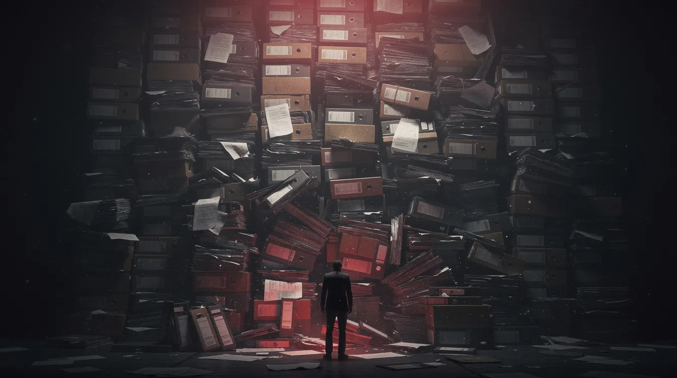 A lone figure dwarfed by an overwhelming wall of case files and boxes