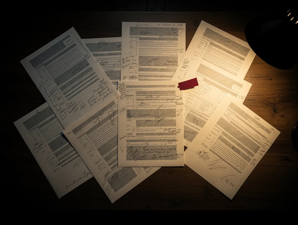 A desk of nearly identical versions of the same document: the file that would settle it exists eleven times